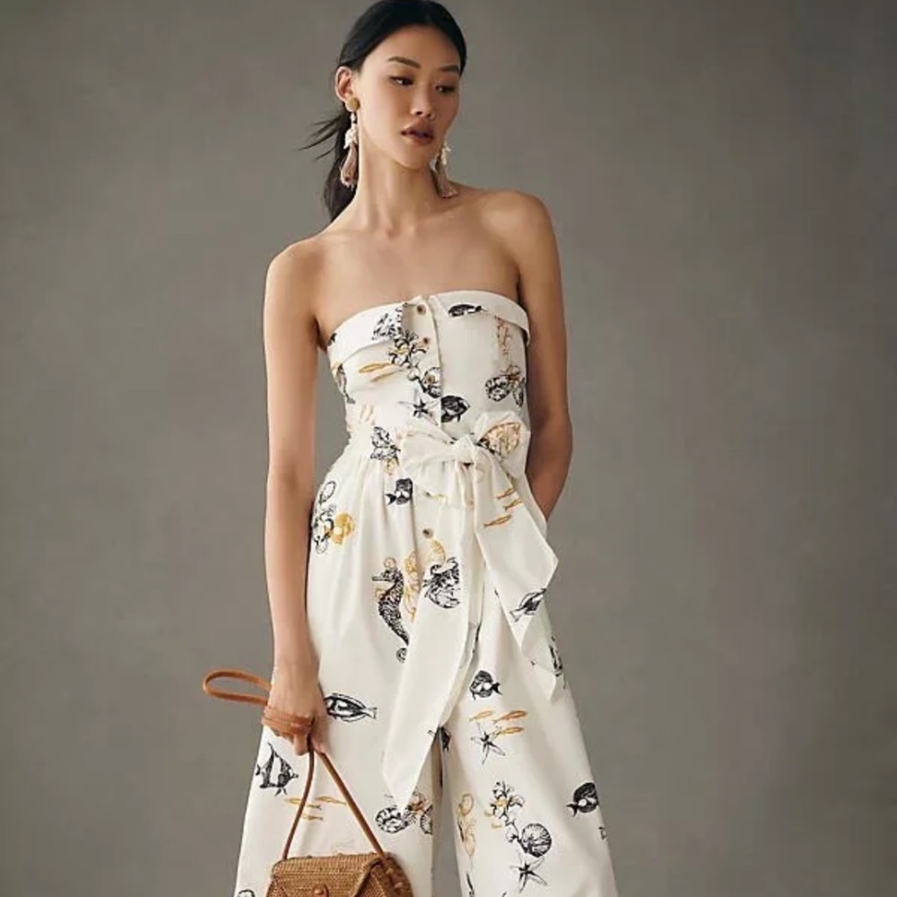 New Anthropologie Maeve Strapless Buttondown Wide-Leg Jumpsuit Size Us 8